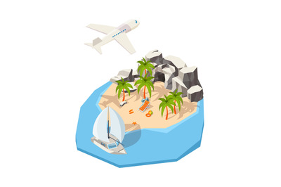 Isometric island. Dream holiday vacation at seaside summer passenger s