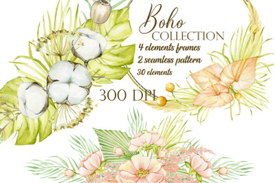 Watercolor Boho floral dried clipart, Modern Pampas grass clipart and