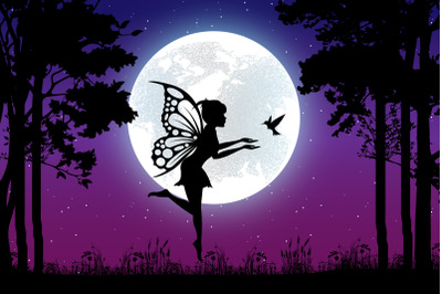 cute fairy and bird silhouette