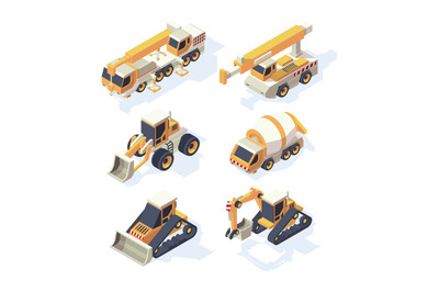 Construction equipments. Machinery isometric building technics cars cr