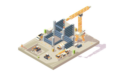 Construction isometric. Outdoor building high appartment construction