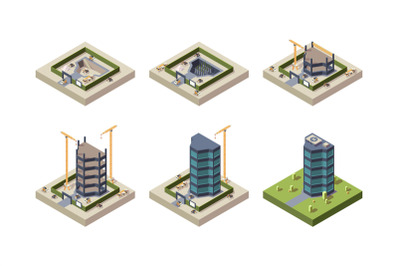 Stage construction isometric. High modern building skyscraper architec