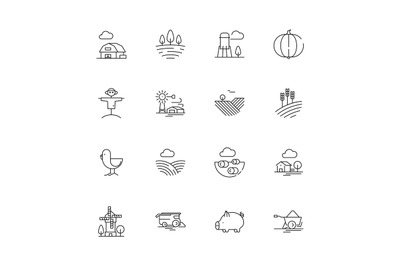 Farm icons. Agricultural objects agrarian farm fields landscape rural