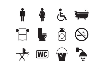 Toilets symbols. Man and woman toileting washing public rooms flush wc