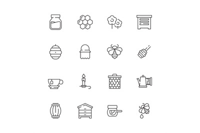 Honey symbols. Apiary icons flowers honeybee liquid drops jar vector n