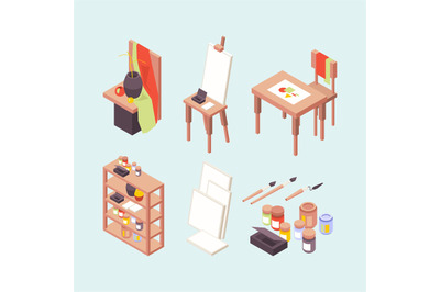 Art studio. Professional artists designers creators items easels brush