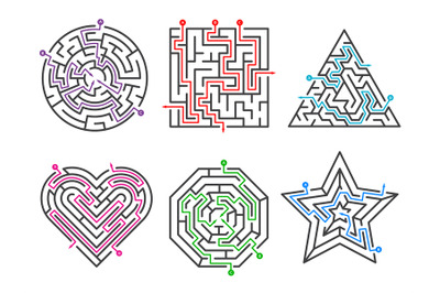 Game maze. Labyrinth collections various shapes with many entrance gat