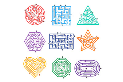 Game labyrinth. Mazes way with various entrance gate and exits out vec