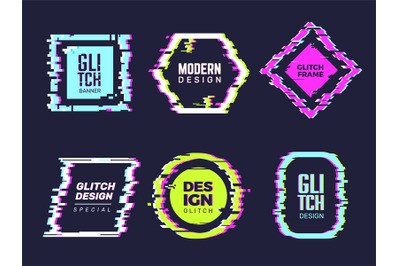 Glitch banners. Hipster poster distortion glitch broken frames and tex