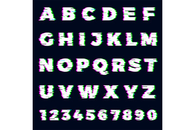 Glitch font. Destroyer alphabet letters dynamic screen effect gaming t