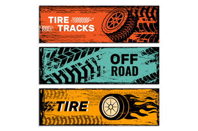 Wheels banners. Tires on road protector car dirt traces vector grunge