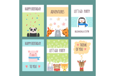 Cute animals cards. Design templates with baby wild animals kids showe