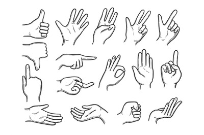 Hands doodles. Expression gestures human hands pointing shaking vector