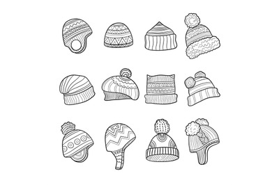 Winter hat. Cold season clothes warm ears flapping vector doodle pictu