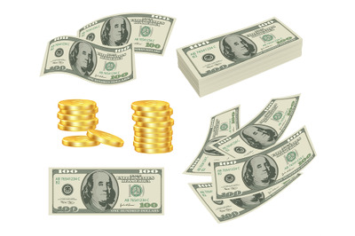 Money. Dollars cash gold prize banknotes roll cards vector realistic p