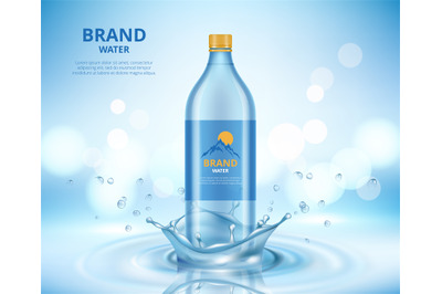 Water advertizing. Clean transparent bottle standing in liquid splashe