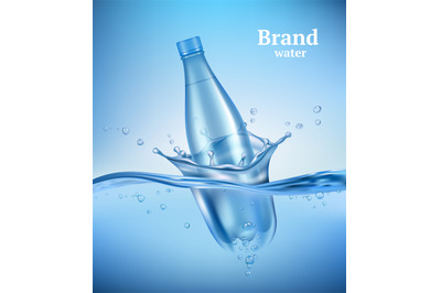 Bottle in water. Liquid flowing wave with transparent bottle splashes