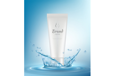 Cosmetic ads. Water liquid splashes drops with cosmetics tubes or bott