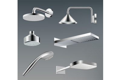 Shower heads. Metallic accessories for bathroom water shower vector re