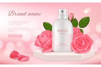 Skin cosmetic ads. Woman cream or perfume bottle with rose pink flower