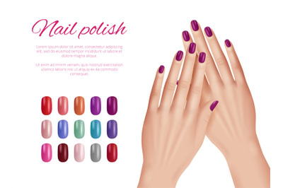 Polish nail colors. Woman hands nails models demonstration cosmetic pa