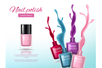 Nail polish realistic. Ads placard with colored splashes of nail polis