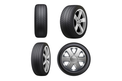 Tyres realistic. Automobile wheeling vector tyres for cars pictures is