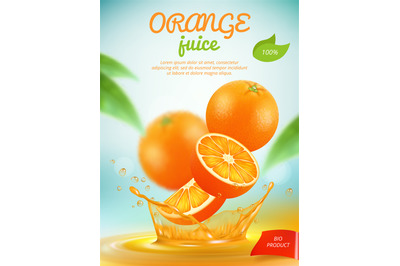 Juice placard. Advertizing banner with orange fresh fruit slice in liq