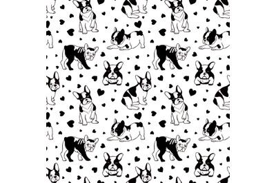 Dogs pattern. French bulldog seamless texture. Vector pets background.