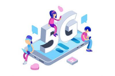 Internet 5g concept. Free wifi network. Vector isometric teenagers wit