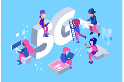 Isometric 5G network. Vector 5g wifi net. 3D different people&2C; web dev