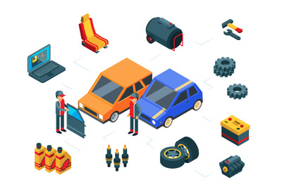 Car repair. Isometric car parts vector concept. Autos, tires, door, ga