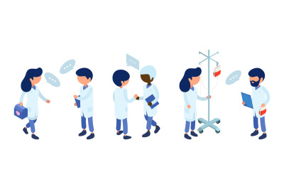 Doctors staff. Medical team communication. Isometric doctor characters