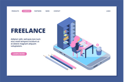 Freelance landing. Online office concept. Isometric girl works online