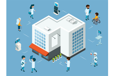 Hospital concept. Isometric doctors&2C; medical equipment and patients. M