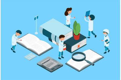 Medical education. Medical studens&2C; surgery isometric concept. Books&2C;