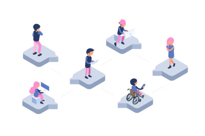 Online chat. Modern communication web. Isometric people with gadgets c