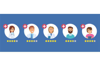 Doctors rating. Five star rating concept. Search good doctor. Medical