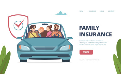 Family insurance landing page. Insurance banner with happy family in c