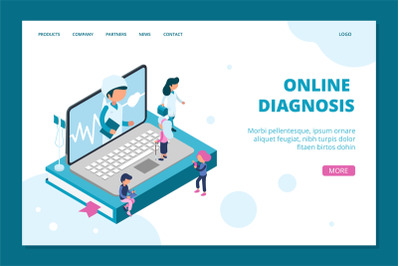 Online diagnosis landing page. Isometric doctor online web banner temp