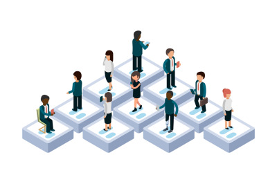 People chatting. Isometric people with gadgets vector illustration. Mo