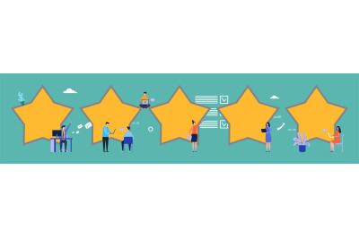 Customer reviews. Feedback, five stars vector flat illustration. Ratin