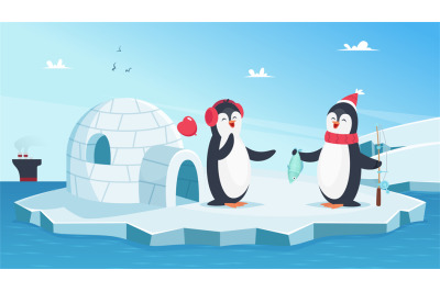 Cute penguins in love. Christmas winter animals. Cartoon penguins on i