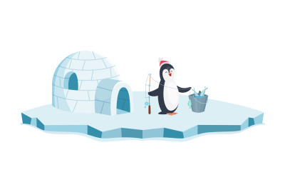 Happy penguin fishing. Christmas penguin on ice and bucket of fish vec