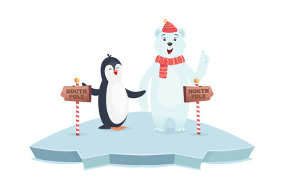 North South pole signs. Polar bear and penguin poles vector illustrati