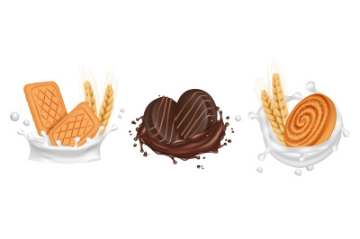 Cookies. Milk chocolate splashes with biscuits. Vector realistic cooke