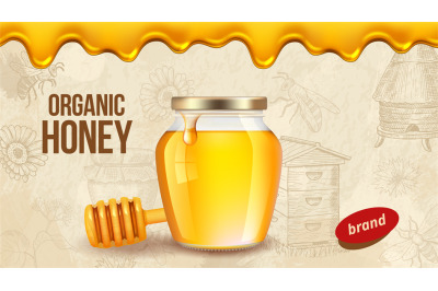 Farm honey. Ad placard template with realistic honey, healthy organic