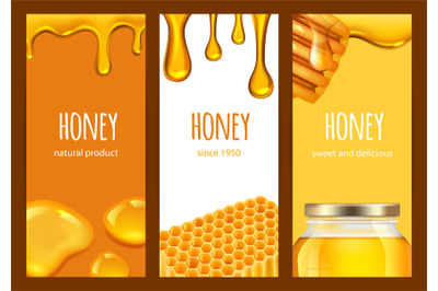 Honey flyers. Sweet realistic honey, honeycomb, gold splashes. Vector