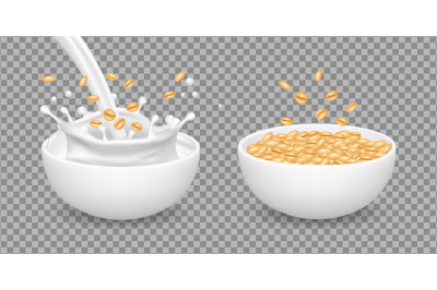 Oatmeal. Milk, muesli, wheat healthy organic food. Realistic vector wh