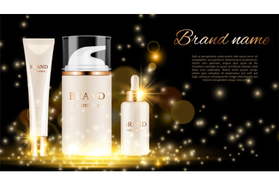 Cosmetic ad poster. Advertising shine background with cosmetic bottles